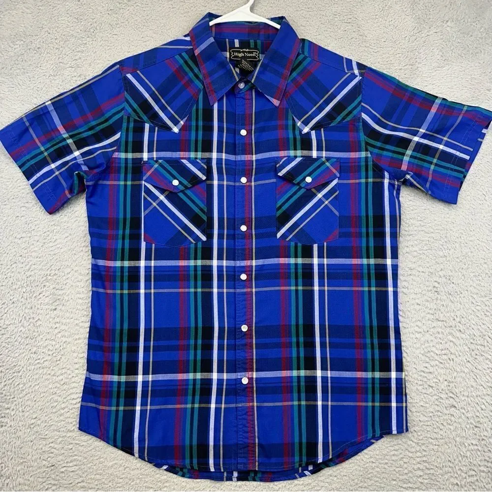 High Noon Pearl Snap Shirt‎ Mens Medium Blue Plaid Western Cowboy Farmer Ranch